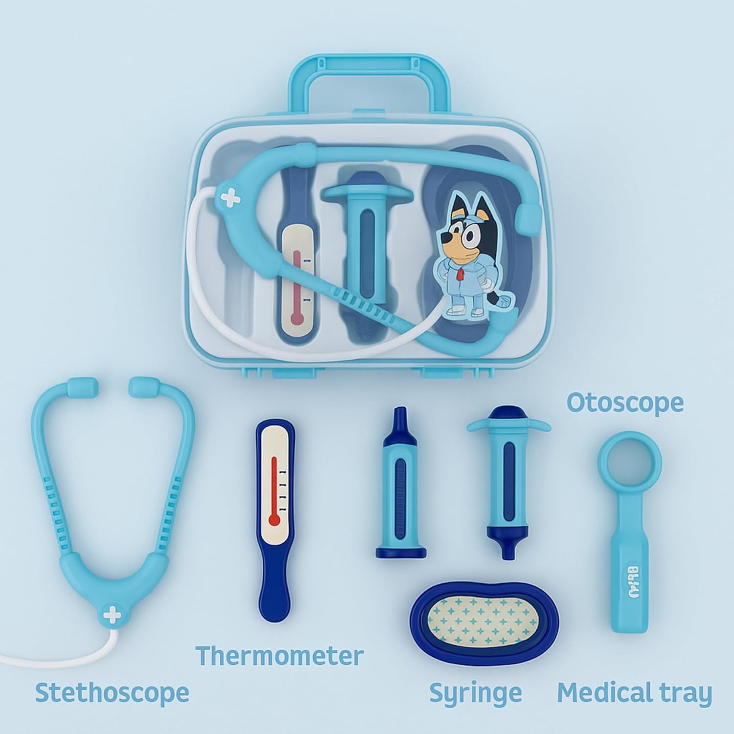 Bluey Medical Case -  Doctor Toy Set with Stethoscope, Thermometer, Syringe & More | Pretend Role Play Kit | Portable Light Blue Carry Case | Ages 3+