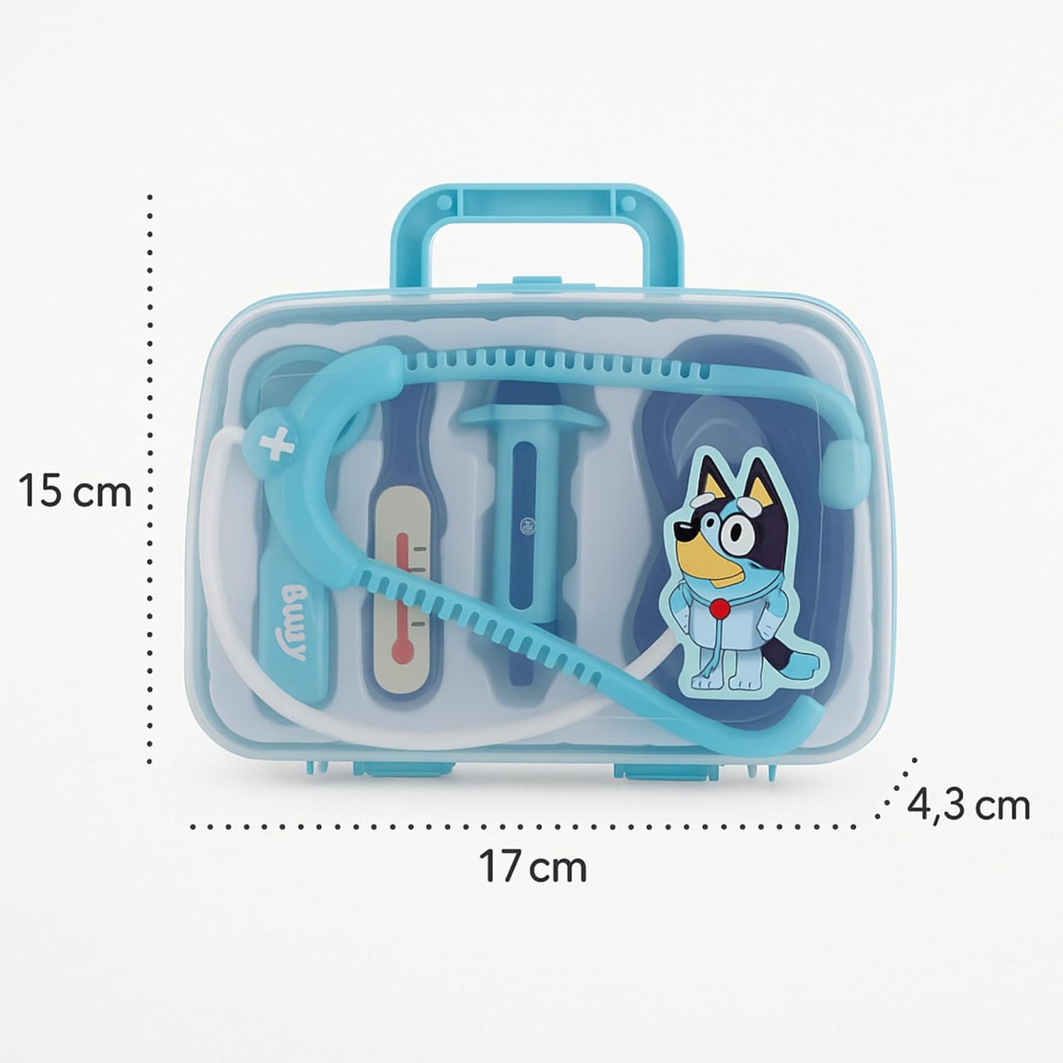 Bluey Medical Case -  Doctor Toy Set with Stethoscope, Thermometer, Syringe & More | Pretend Role Play Kit | Portable Light Blue Carry Case | Ages 3+