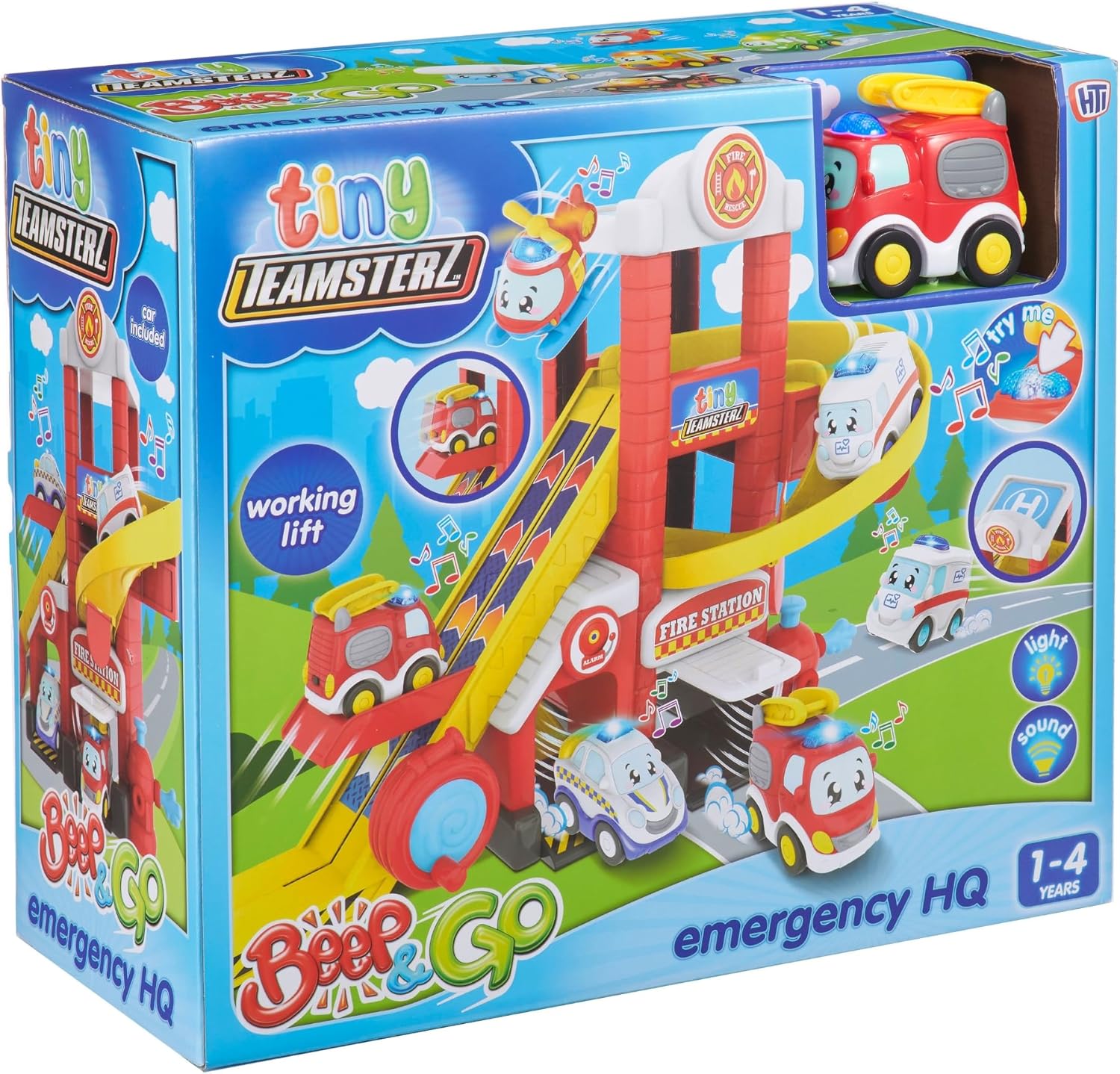 Tiny Teamsterz Beep & Go Fire Station HQ Playset for Kids | Includes 1 Free-Wheeling Fire Engine | Lights & Sounds | Rescue Toy for Toddlers | Emergency Vehicle Play | Ages 1-4 Years
