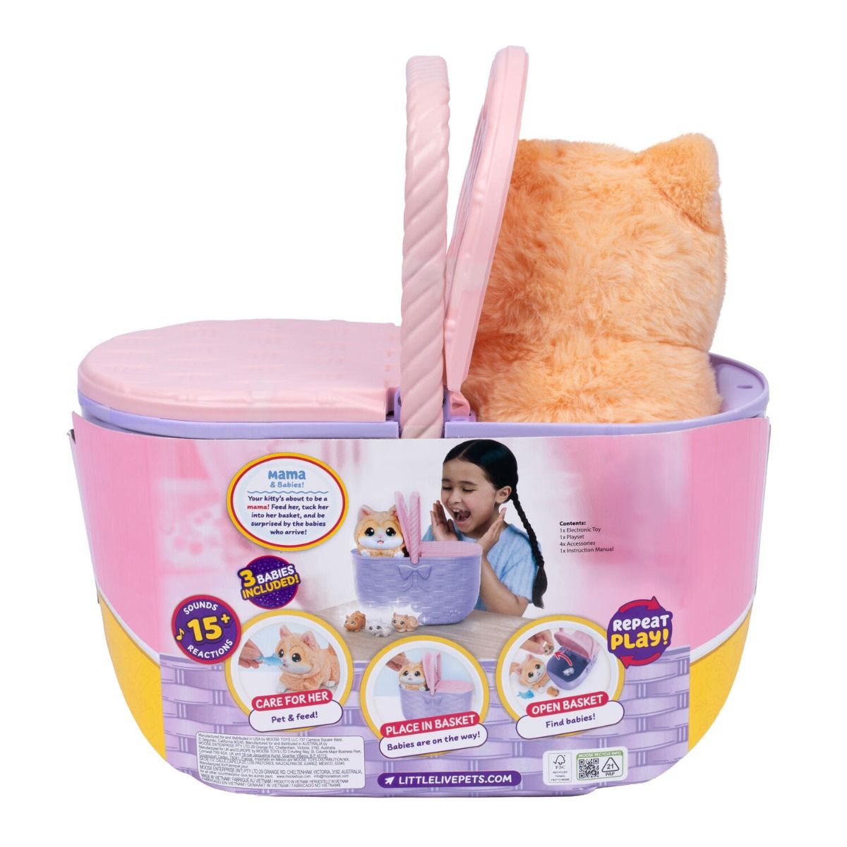 Little Live Pets Mama Surprise Kitty Playset - Interactive Cuddly Mama Kitten with 3 Adorable Babies for Imaginative Play