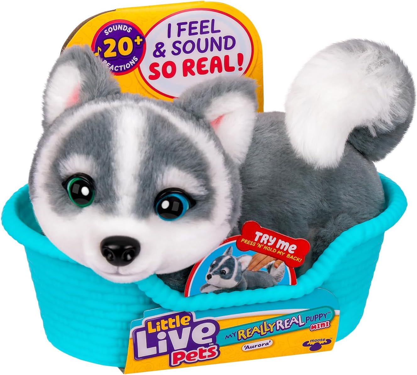 Little Live Pets My Really Real Puppy Minis- Aurora the Husky| Interactive Puppy with 20+ Sounds & Reactions- Includes Basket for Display. Fun & Adorable Gift for Kids (11cm/4.3in tall)