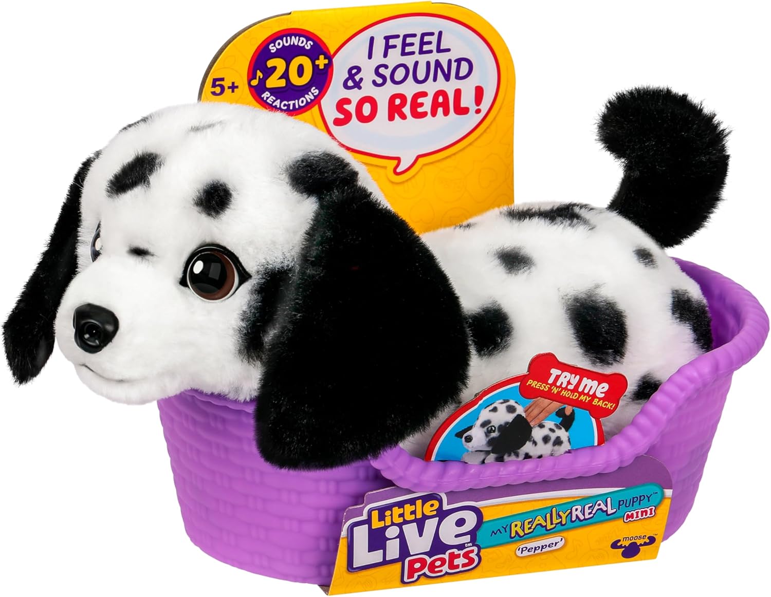 Little Live Pets My Really Real Puppy Minis- Pepper the Dalmatian| Interactive Puppy with 20+ Sounds & Reactions- Includes Basket for Display. Fun & Adorable Gift for Kids (11cm/4.3in tall)