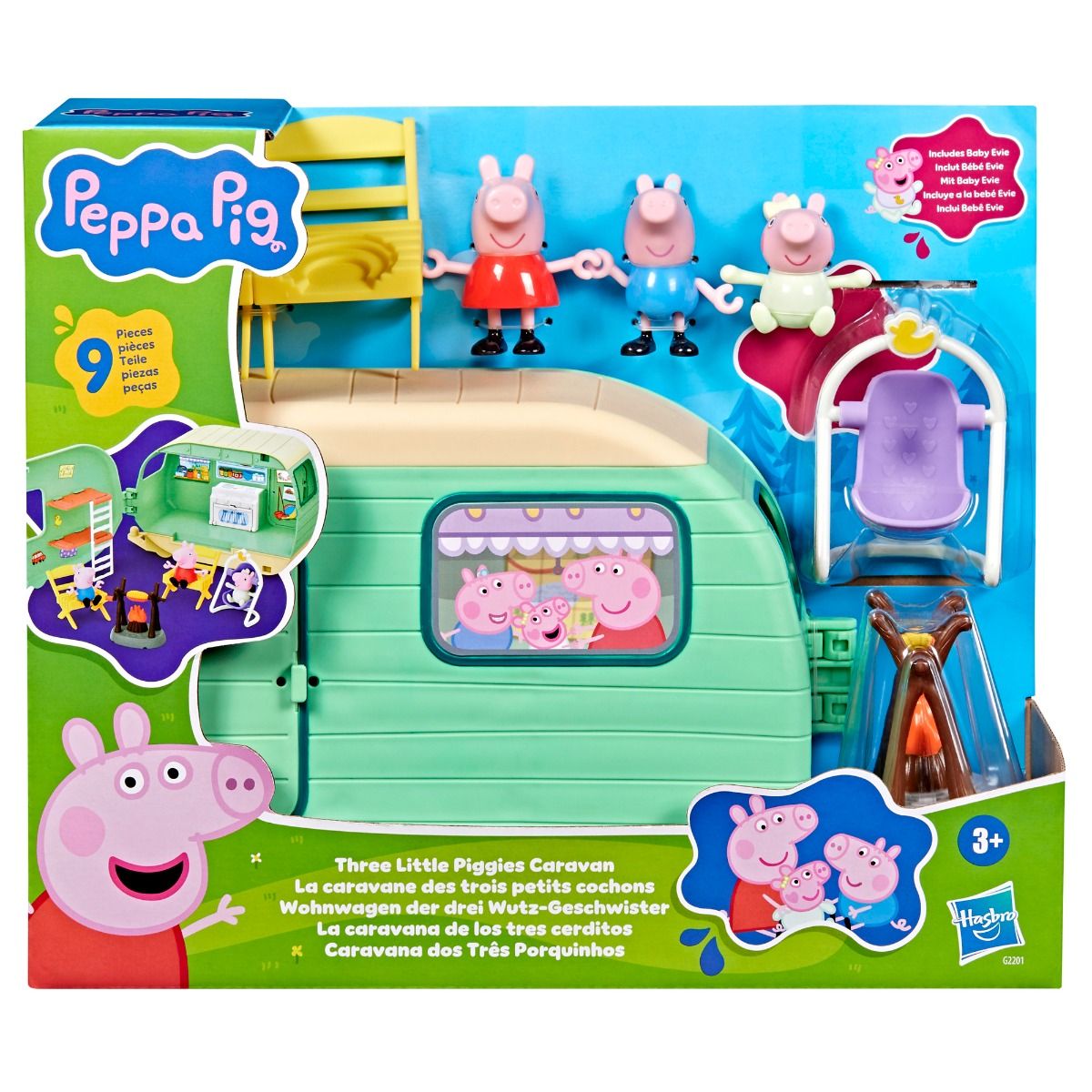 Peppa Pig Three Little Piggies Caravan - 2-Story House Playset with Red Car & 4 Family Figures for Kids Ages 3+