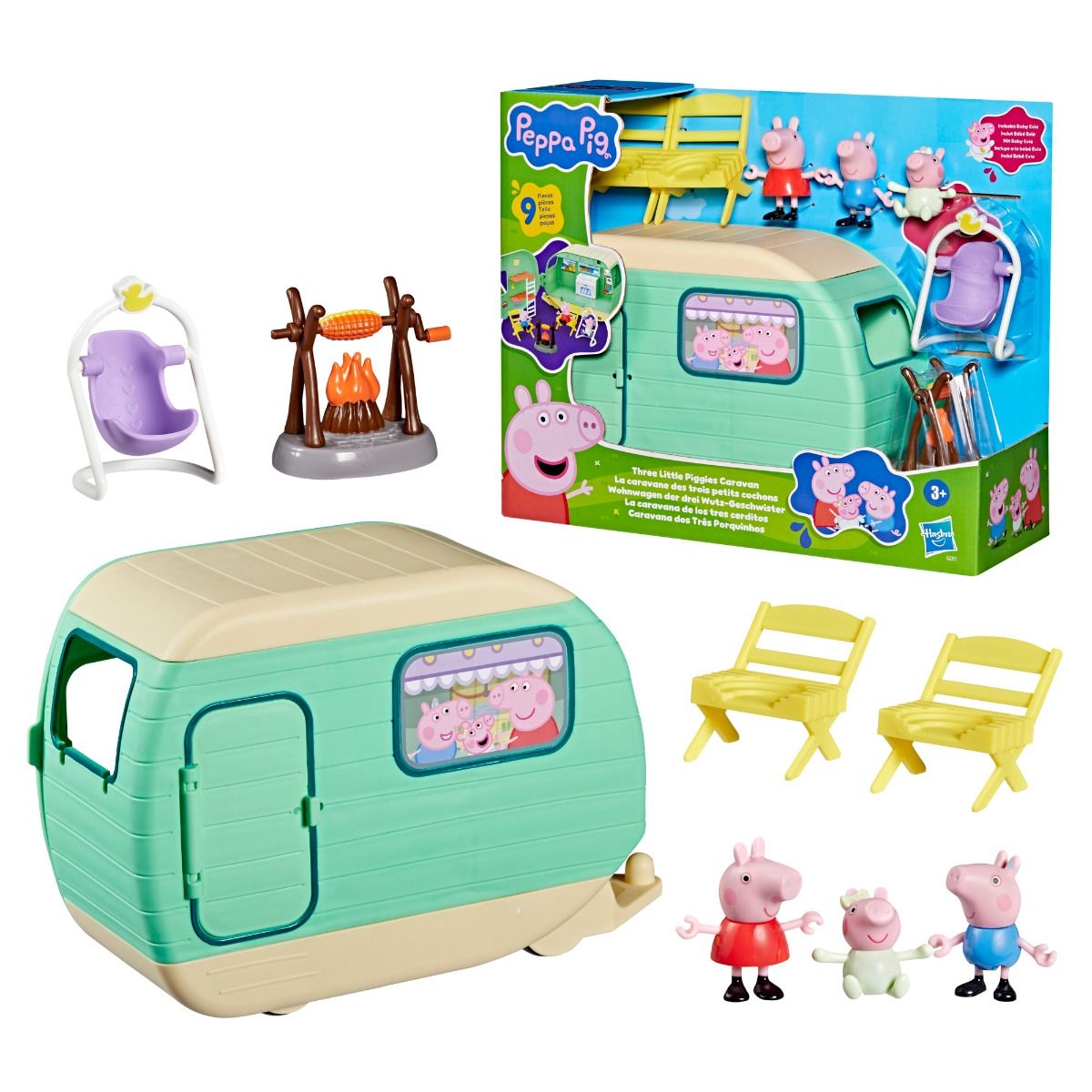 Peppa Pig Three Little Piggies Caravan - 2-Story House Playset with Red Car & 4 Family Figures for Kids Ages 3+
