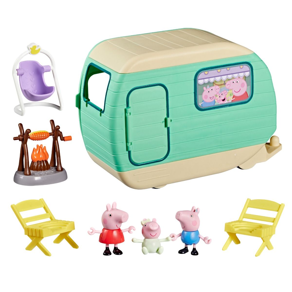 Peppa Pig Three Little Piggies Caravan - 2-Story House Playset with Red Car & 4 Family Figures for Kids Ages 3+