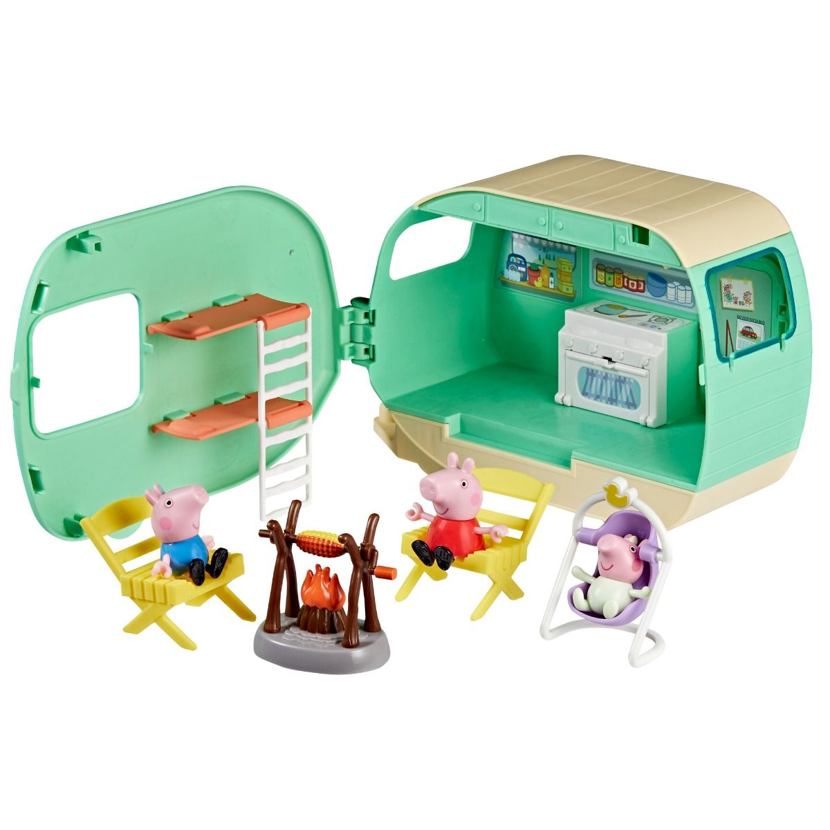 Peppa Pig Three Little Piggies Caravan - 2-Story House Playset with Red Car & 4 Family Figures for Kids Ages 3+