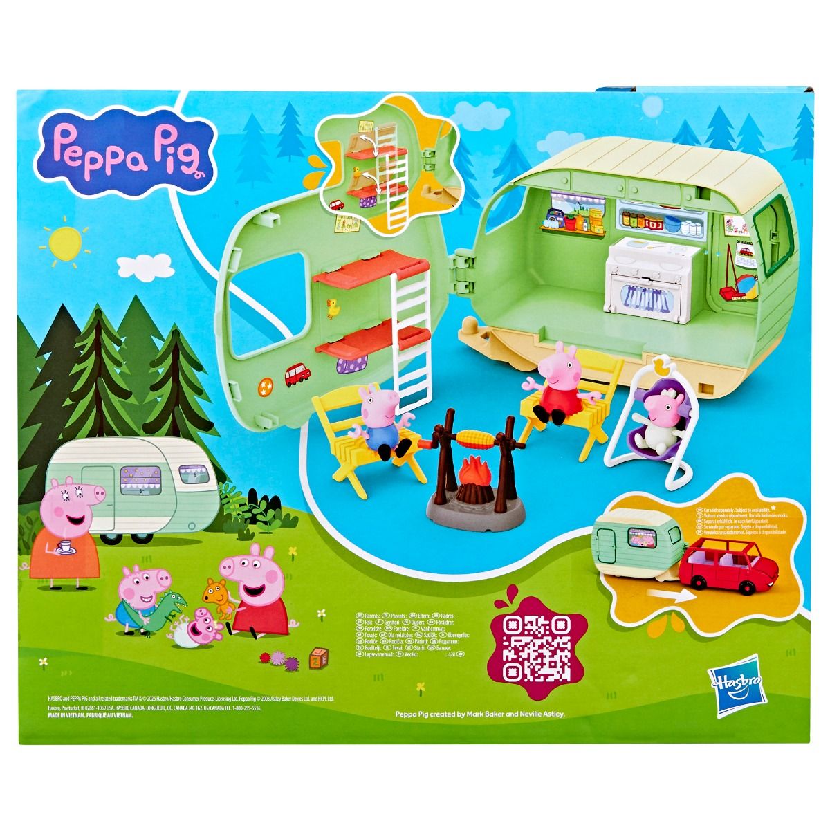 Peppa Pig Three Little Piggies Caravan - 2-Story House Playset with Red Car & 4 Family Figures for Kids Ages 3+