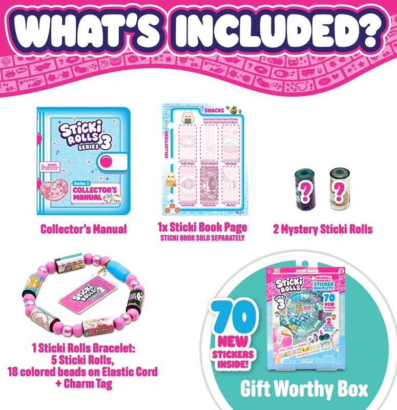 Sticki Rolls Sticki Band Series 3 - 70 Collectible Mini Stickers with 2 Mystery Rolls - Wearable Sticker Bracelet for Kids Aged 5+ - Fun & Fashionable Accessory for Creative Kids