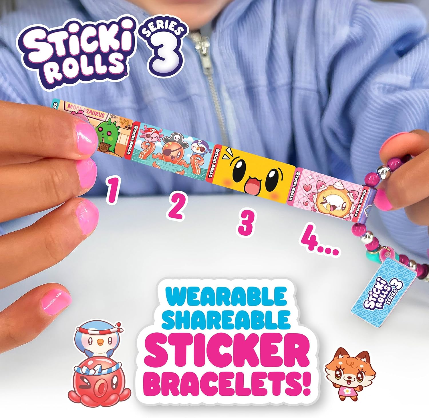 Sticki Rolls Sticki Band Series 3 - 70 Collectible Mini Stickers with 2 Mystery Rolls - Wearable Sticker Bracelet for Kids Aged 5+ - Fun & Fashionable Accessory for Creative Kids