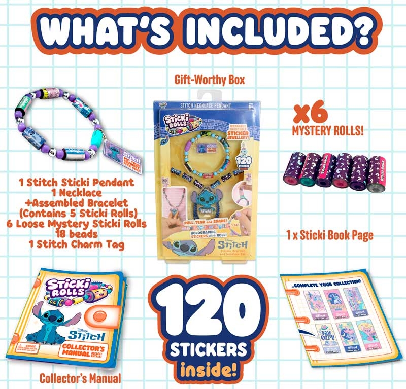 Sticki Rolls Disney Stitch Necklace Pendant with 120 collectible holographic stickers – Wearable Sticker Jewellery Set