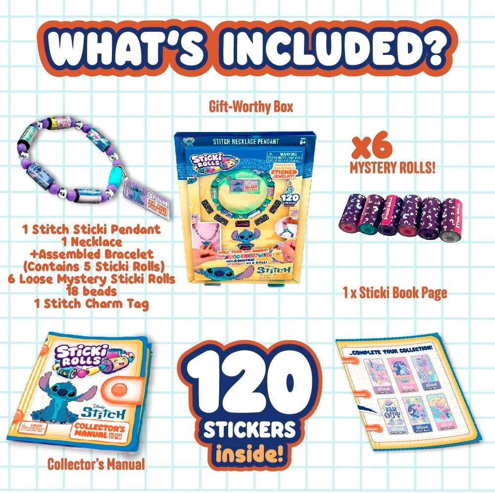 Sticki Rolls Disney Stitch Necklace Pendant with 120 collectible holographic stickers – Wearable Sticker Jewellery Set