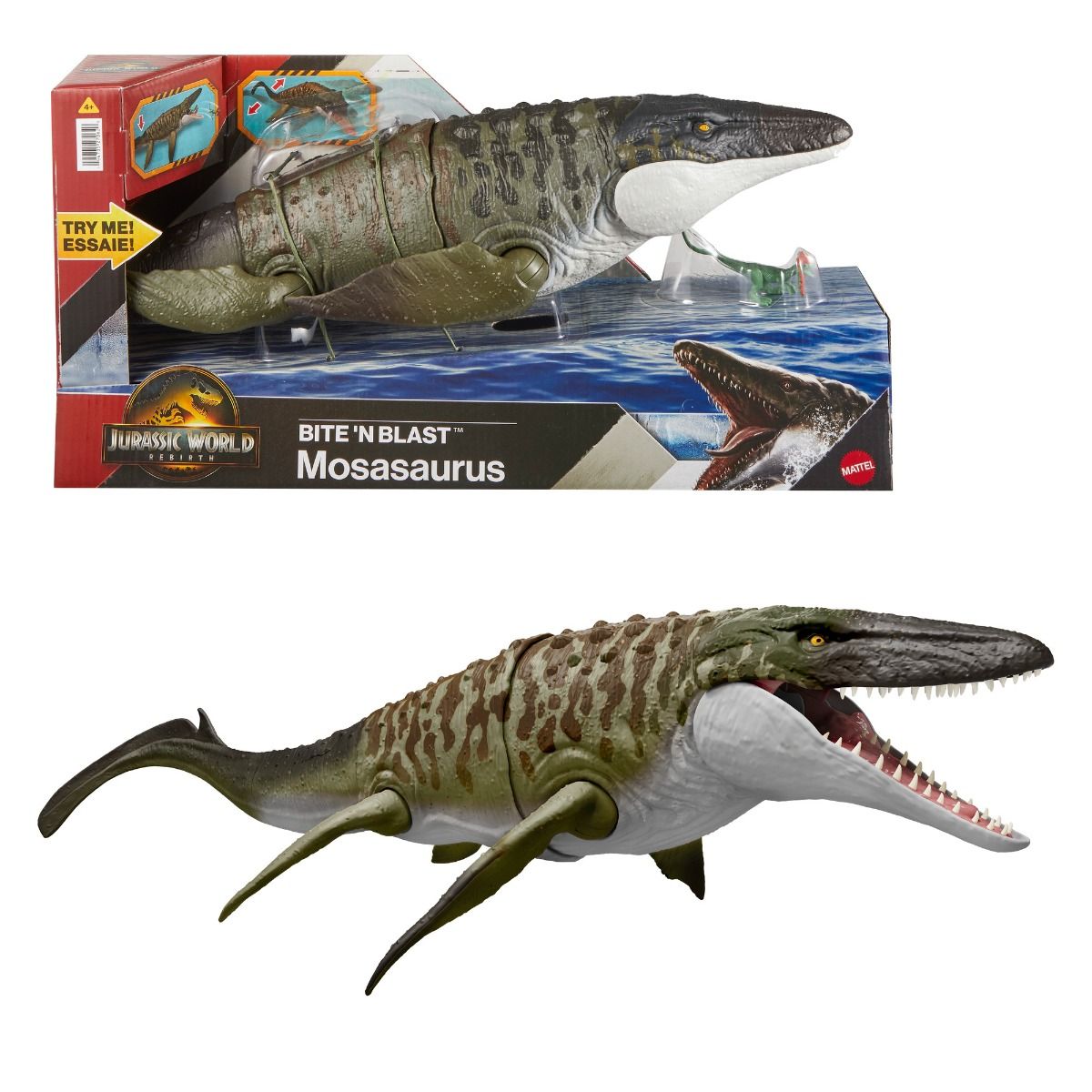 Jurassic World Rebirth Bite 'N Blast Mosasaurus – 25.7-Inch Dinosaur Action Figure with Dilophosaurus