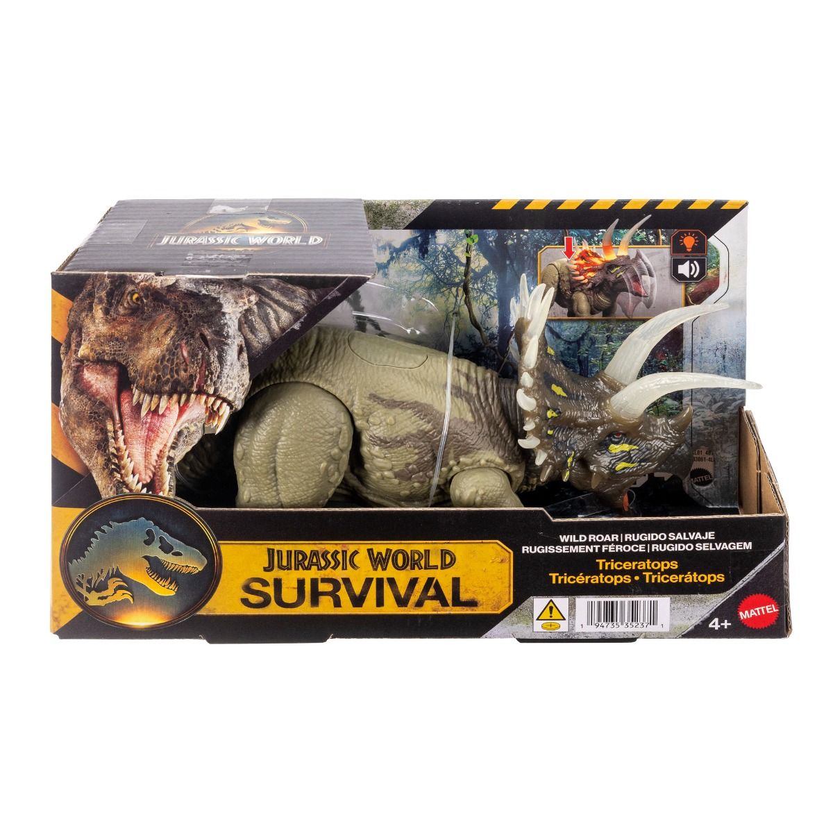 Jurassic World Wild Roar Triceratops Dinosaur Action Figure – 12.2 Inch with Roaring Sounds, Lights & Attack Action