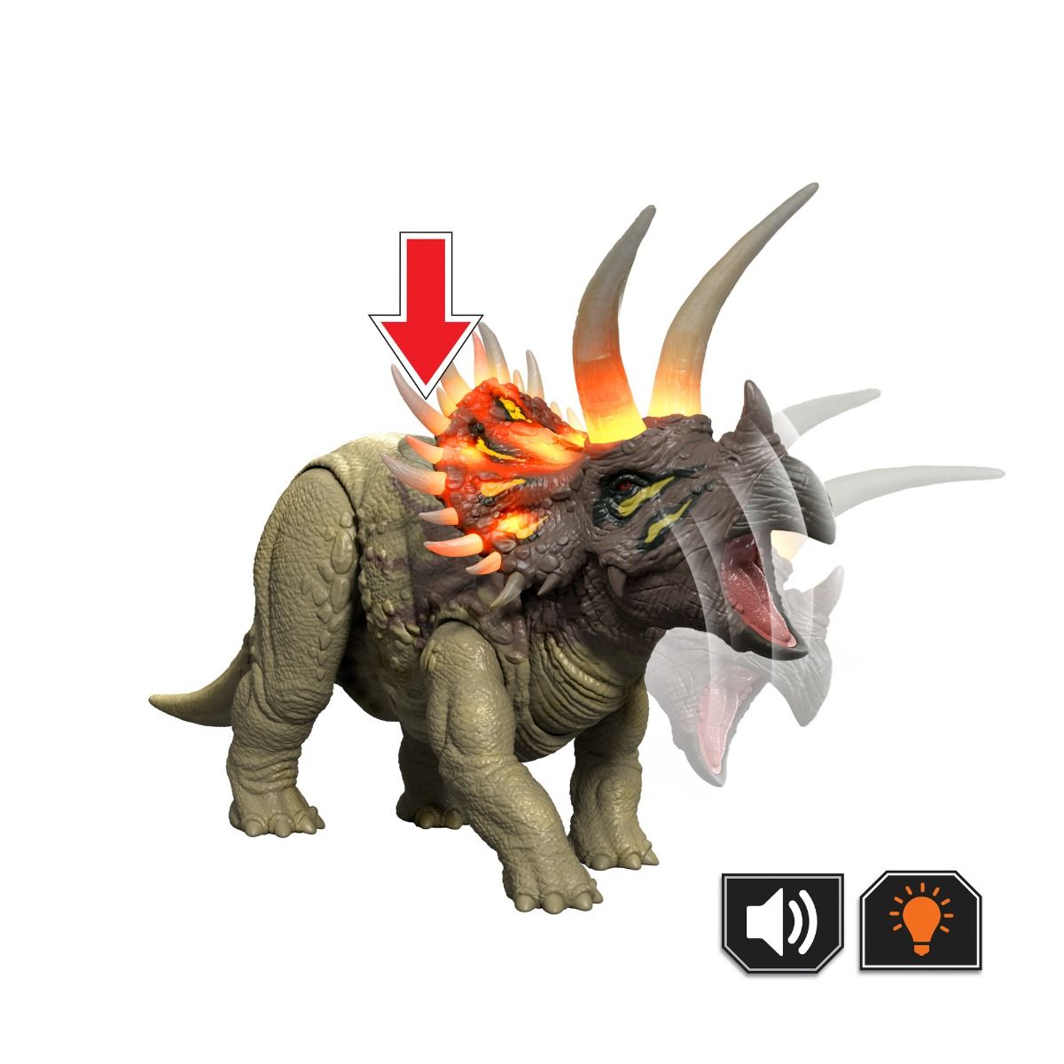 Jurassic World Wild Roar Triceratops Dinosaur Action Figure – 12.2 Inch with Roaring Sounds, Lights & Attack Action